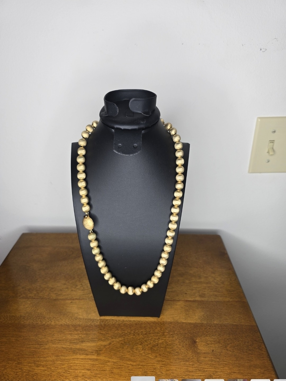 Vintage Mid-Century Monet Brushed Gold-Tone Metal Bead Necklace W/Push Clasp